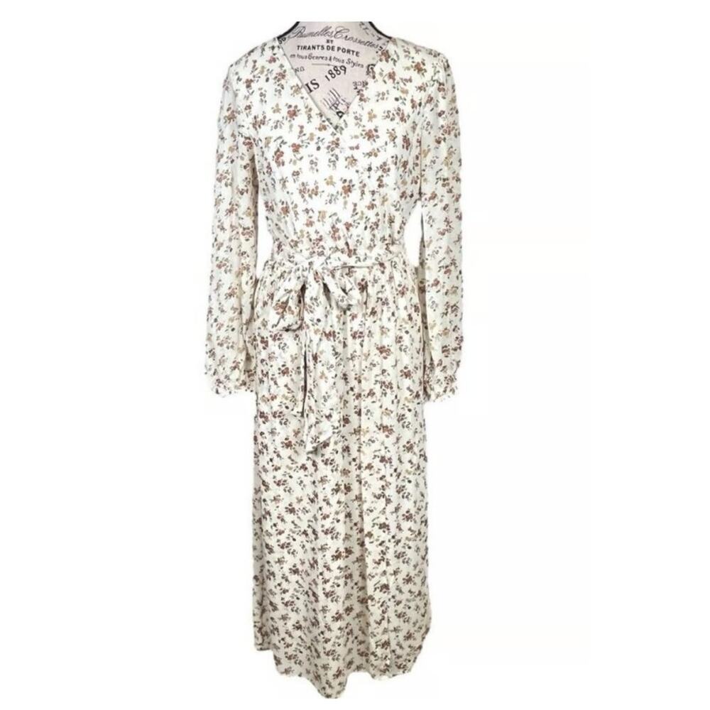 NWT Gracemade Floral Dress Women's Size S Cream Green Rust Sheer Faux Wrap